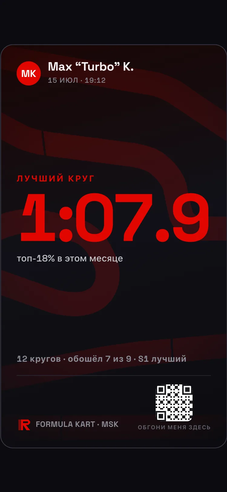 Карточка для соцсетей с лучшим кругом прошлого визита и QR-кодом картодрома